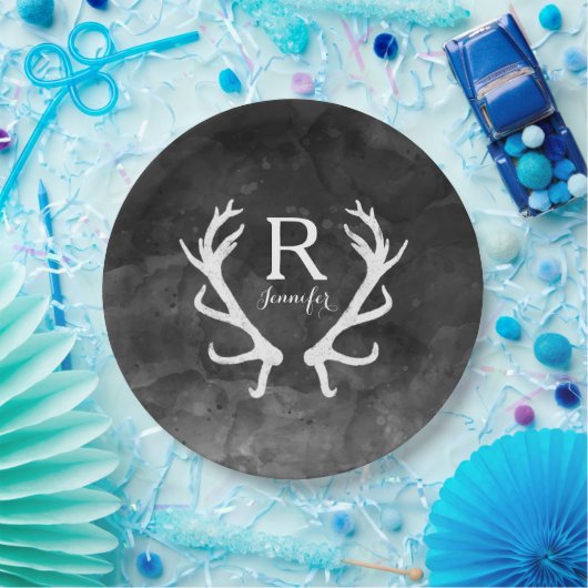 Monogram zwarte Waterverf en Rustic Deer Antlers Papieren Bordje (Feest)