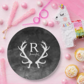 Monogram zwarte Waterverf en Rustic Deer Antlers Papieren Bordje (Feest)
