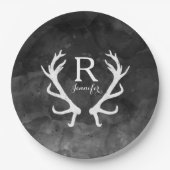 Monogram zwarte Waterverf en Rustic Deer Antlers Papieren Bordje (Voorkant)