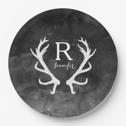 Monogram zwarte Waterverf en Rustic Deer Antlers Papieren Bordje (Voorkant)