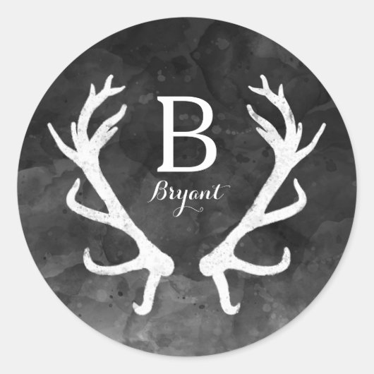 Monogram zwarte Waterverf en Rustic Deer Antlers Ronde Sticker (Voorkant)