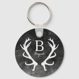 Monogram zwarte Waterverf en Rustic Deer Antlers Sleutelhanger