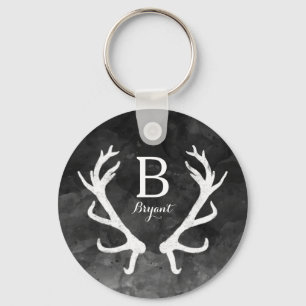 Monogram zwarte Waterverf en Rustic Deer Antlers Sleutelhanger