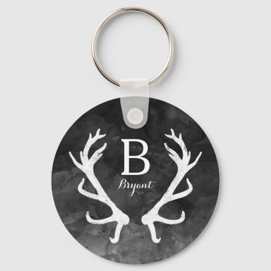 Monogram zwarte Waterverf en Rustic Deer Antlers Sleutelhanger (Voorkant)