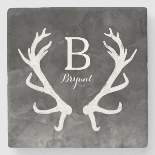 Monogram zwarte Waterverf en Rustic Deer Antlers Stenen Onderzetter (Voorkant)