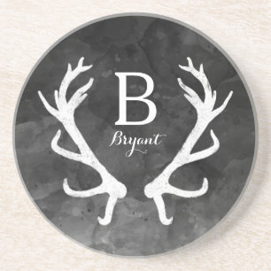 Monogram zwarte Waterverf en Rustic Deer Antlers Zandsteen Onderzetter