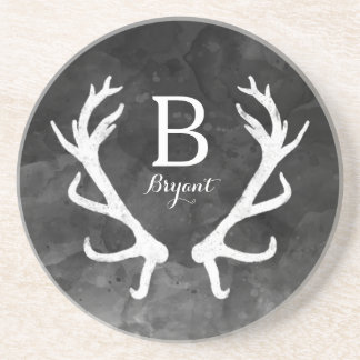 Monogram zwarte Waterverf en Rustic Deer Antlers Zandsteen Onderzetter