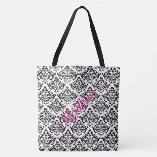 Monogram zwarte witte Damask Trendy Cute Girly Tote Bag (Voorkant)