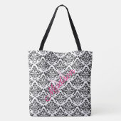 Monogram zwarte witte Damask Trendy Cute Girly Tote Bag (Achterkant)