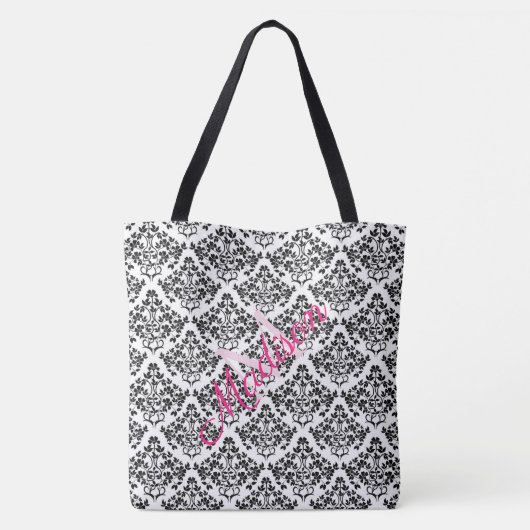 Monogram zwarte witte Damask Trendy Cute Girly Tote Bag (Achterkant)