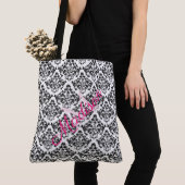 Monogram zwarte witte Damask Trendy Cute Girly Tote Bag (Dichtbij)