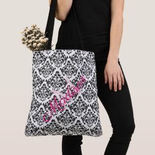 Monogram zwarte witte Damask Trendy Cute Girly Tote Bag