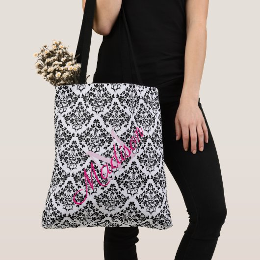 Monogram zwarte witte Damask Trendy Cute Girly Tote Bag (Dichtbij)