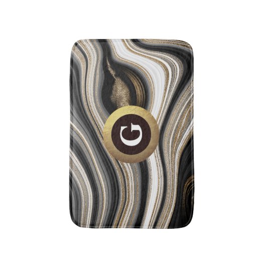 Monogram zwarte witte en goudvocht badmat (Voorkant Verticaal)