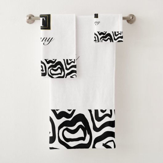 Monogram Zwarte Witte geborstelde textuur Wishandd Bad Handdoek (Insitu)