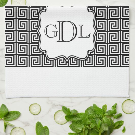 Monogram zwarte & witte Griekse Keukenhanddoek (Gevouwen)