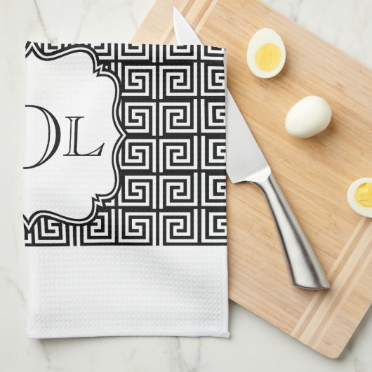 Monogram zwarte & witte Griekse Keukenhanddoek (Quarter Fold)