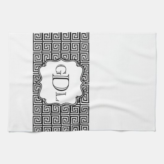 Monogram zwarte & witte Griekse Keukenhanddoek (Horizontaal)