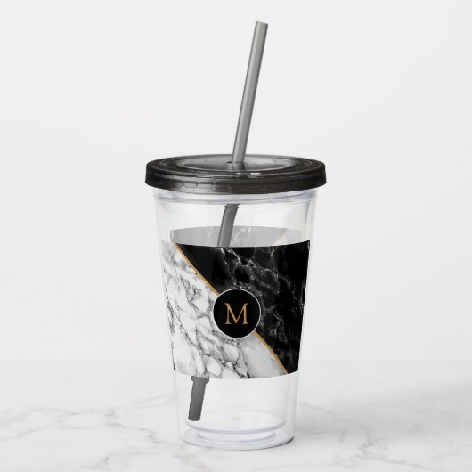 Monogram zwarte witte marmer Acryltumbler Acryl Drinkbeker (Achterkant)