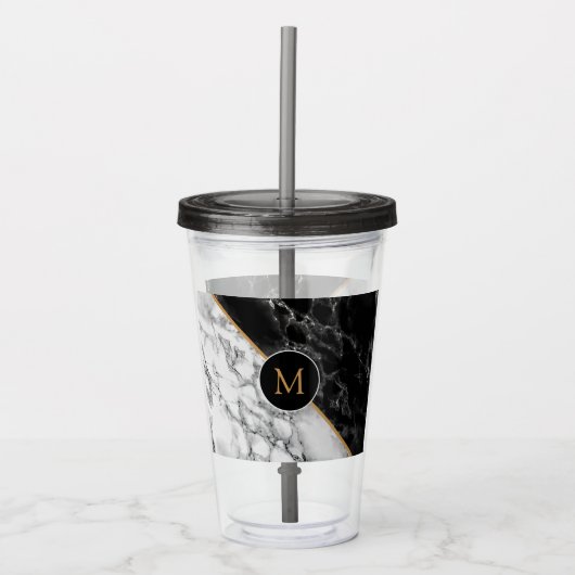 Monogram zwarte witte marmer Acryltumbler Acryl Drinkbeker (Voorkant)