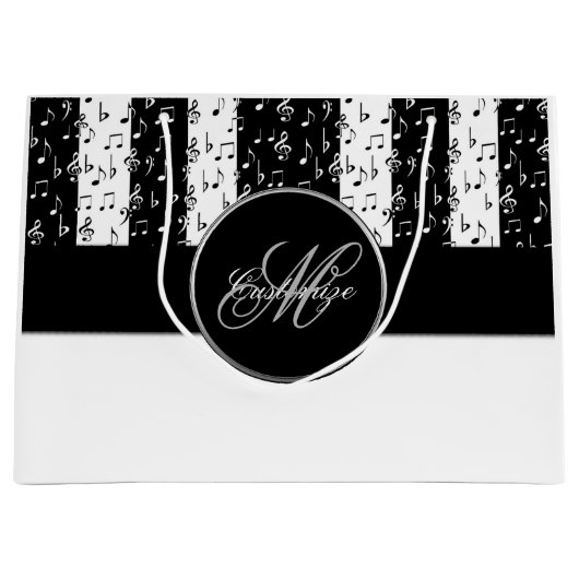 Monogram zwarte & witte muziekstrips Grote zak 3 Large Cadeautasje (Voorkant)