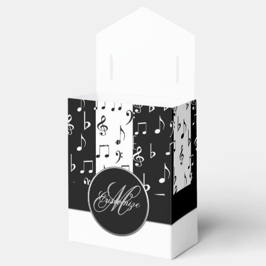 Monogram zwarte & witte muziekstrips Tent Box Bedankdoosjes (Geopend)