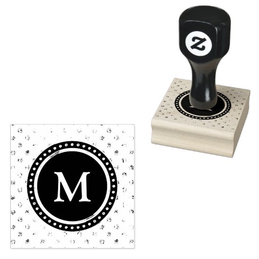 Monogram | Zwarte witte polka stippen Rubberstempel (Gestempeld)