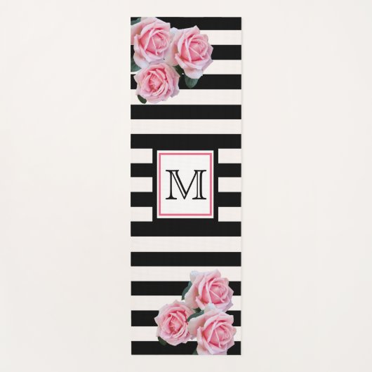 Monogram zwarte witte strepen roze florals yogamat (Voorkant)