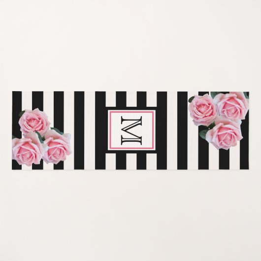 Monogram zwarte witte strepen roze florals yogamat (Voorkant (horizontaal))
