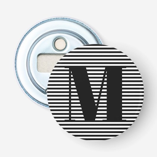 Monogram zwarte witte strepen van het initiaal aan button flesopener (Voorkant)