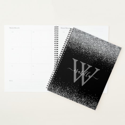 Monogram Zwarte Zilver Glitter Schrift Planner (Display)
