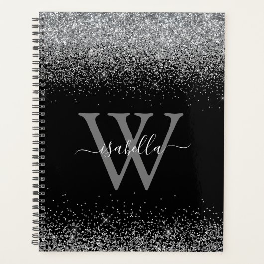 Monogram Zwarte Zilver Glitter Schrift Planner (Voorkant)