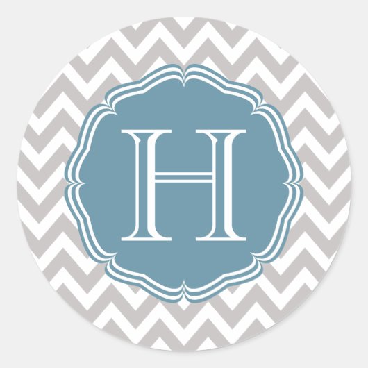 Monograma azul en elegante chevrón gris ronde sticker (Voorkant)