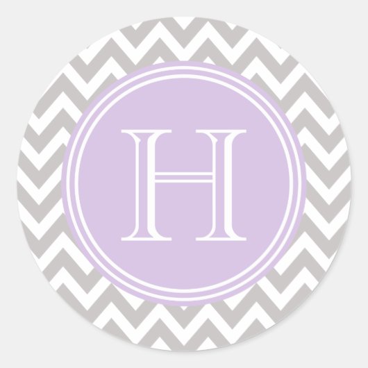 Monograma lila en elegante chevrón gris ronde sticker (Voorkant)