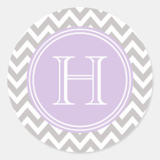 Monograma lila en elegante chevrón gris ronde sticker