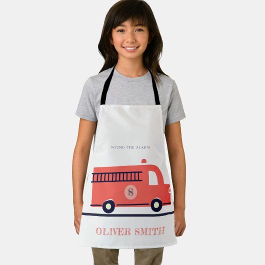 Monogramboeien van Cute Red Navy Fire Truck Engine Schort (Insitu)