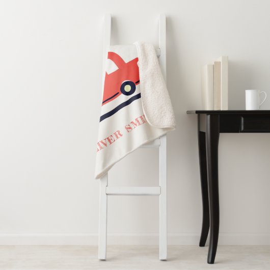 Monogramboeien van Cute Red Navy Fire Truck Engine Sherpa Deken (In situ)