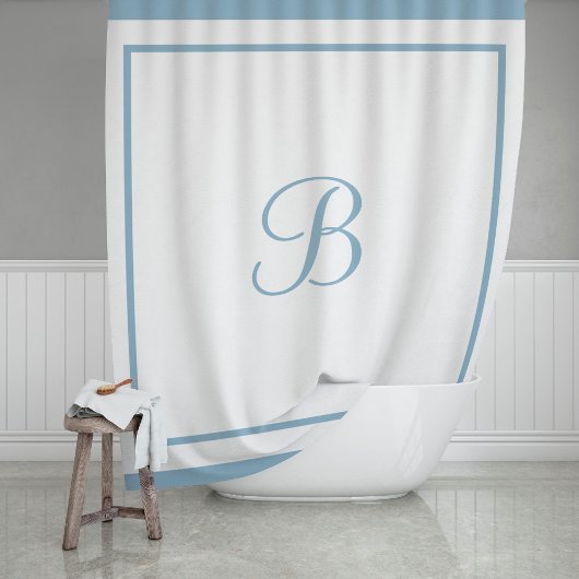 Monogrambrief Elegant Stusty Blue Border Script Douchegordijn