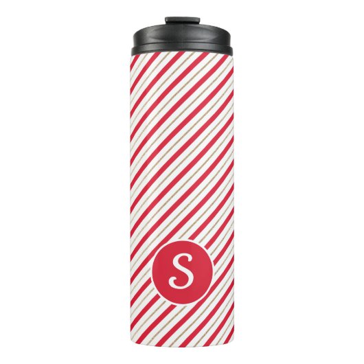 Monogrambrief met kandijriet Red Faux Gold Stripes Thermosbeker (Voorkant)