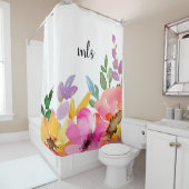 MonogramChic Trendy Spring Florals Waterverf Roze Douchegordijn (In situ)