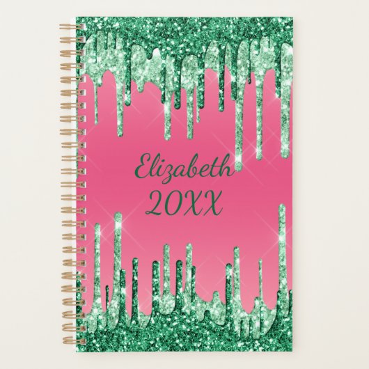 Monogramdruppelaar groene roze rendy glam planner (Voorkant)
