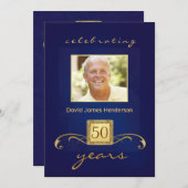 Monogramed 50th Birthday Party - Blue Kaart (Voorkant / Achterkant)