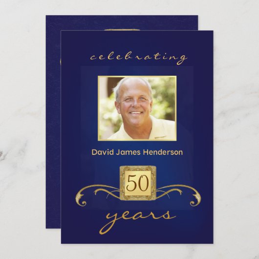 Monogramed 50th Birthday Party - Blue Kaart (Voorkant / Achterkant)