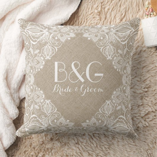 Monogramed beige linnen en wit kant Lijst 1a Kussen (Deken)