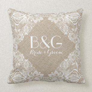 Monogramed beige linnen en wit kant Lijst 1a Kussen