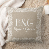 Monogramed beige linnen en wit kant Lijst Kussen (Deken)