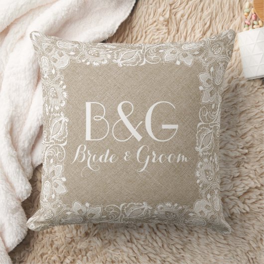 Monogramed beige linnen en wit kant Lijst Kussen (Deken)