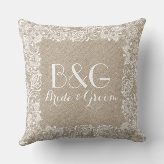 Monogramed beige linnen en wit kant Lijst Kussen (Achterkant)