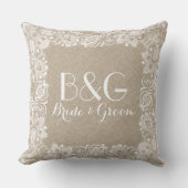 Monogramed beige linnen en wit kant Lijst Kussen (Voorkant)