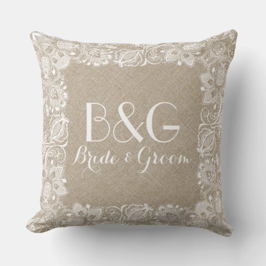 Monogramed beige linnen en wit kant Lijst Kussen (Voorkant)